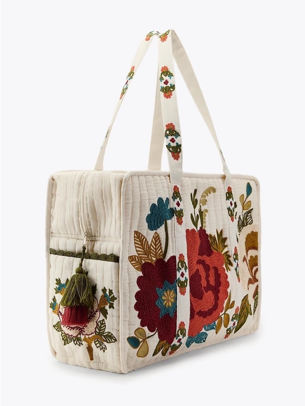 Zara Cream Quilted Tote with Multicolor Floral Embroidery